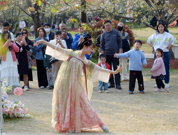 清明假期期間，上海顧村公園櫻花島上，游客在觀賞國風(fēng)漢服快閃表演。（圖片來源：視覺中國）