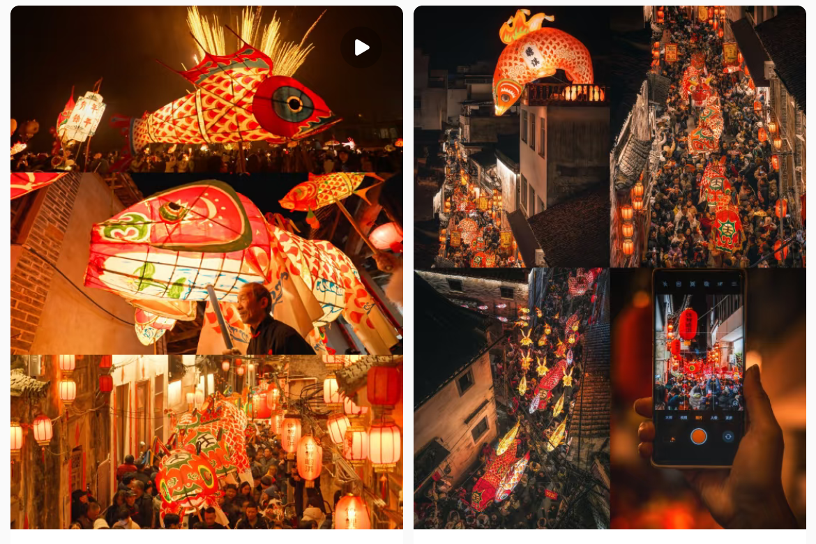 魚(yú)燈相關(guān)視頻、圖片獲得數(shù)萬(wàn)點(diǎn)贊。社交媒體截圖